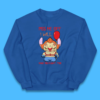 Piss Me Off I Will Make You Float, Too Halloween IT Pennywise Clown & Disney Stitch Movie Mashup Parody Kids Jumper