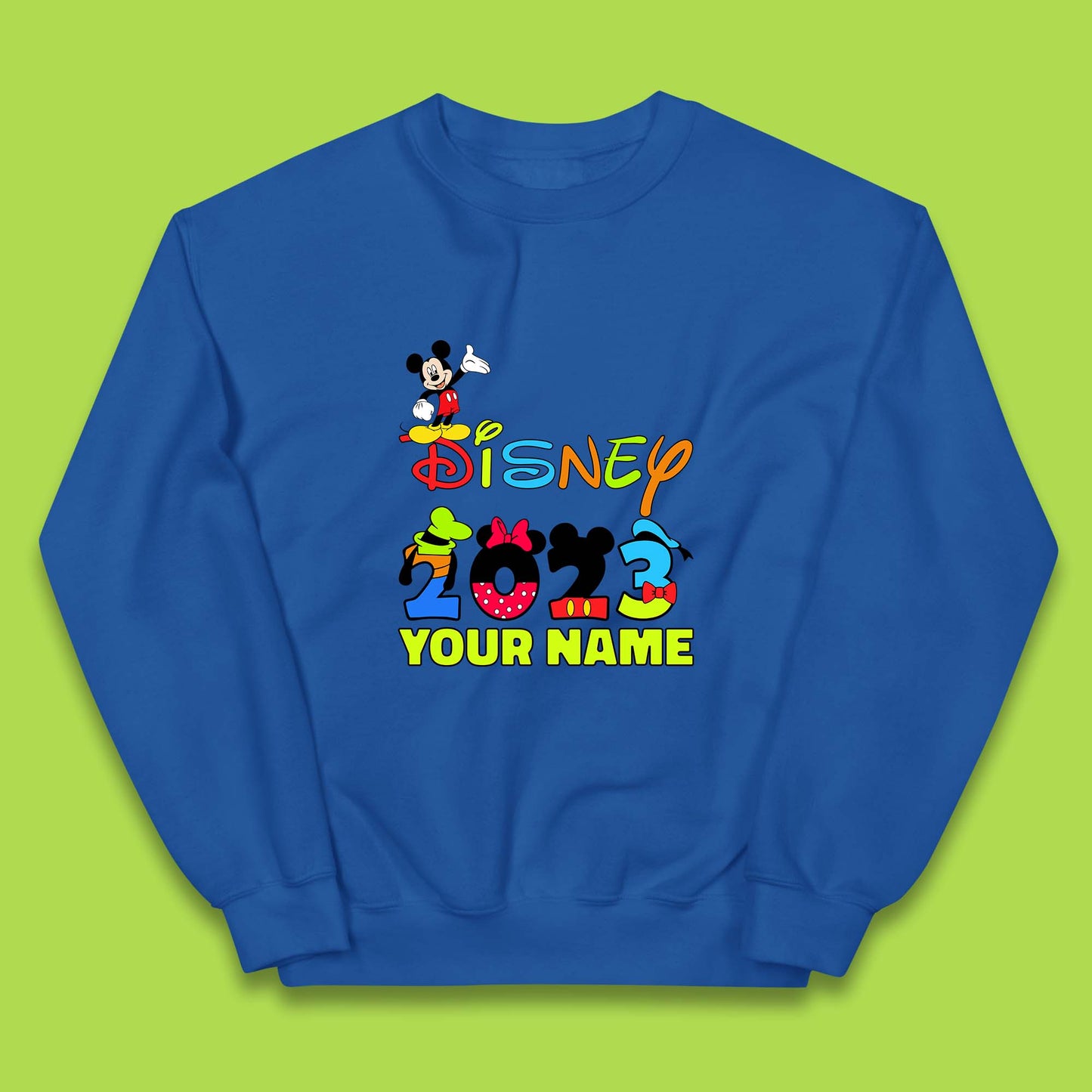 Personalised Disney 2023 Disney Club Your Name Mickey Mouse Minnie Mouse Donald Duck Pluto Goofy Cartoon Characters Disney Vacation Kids Jumper