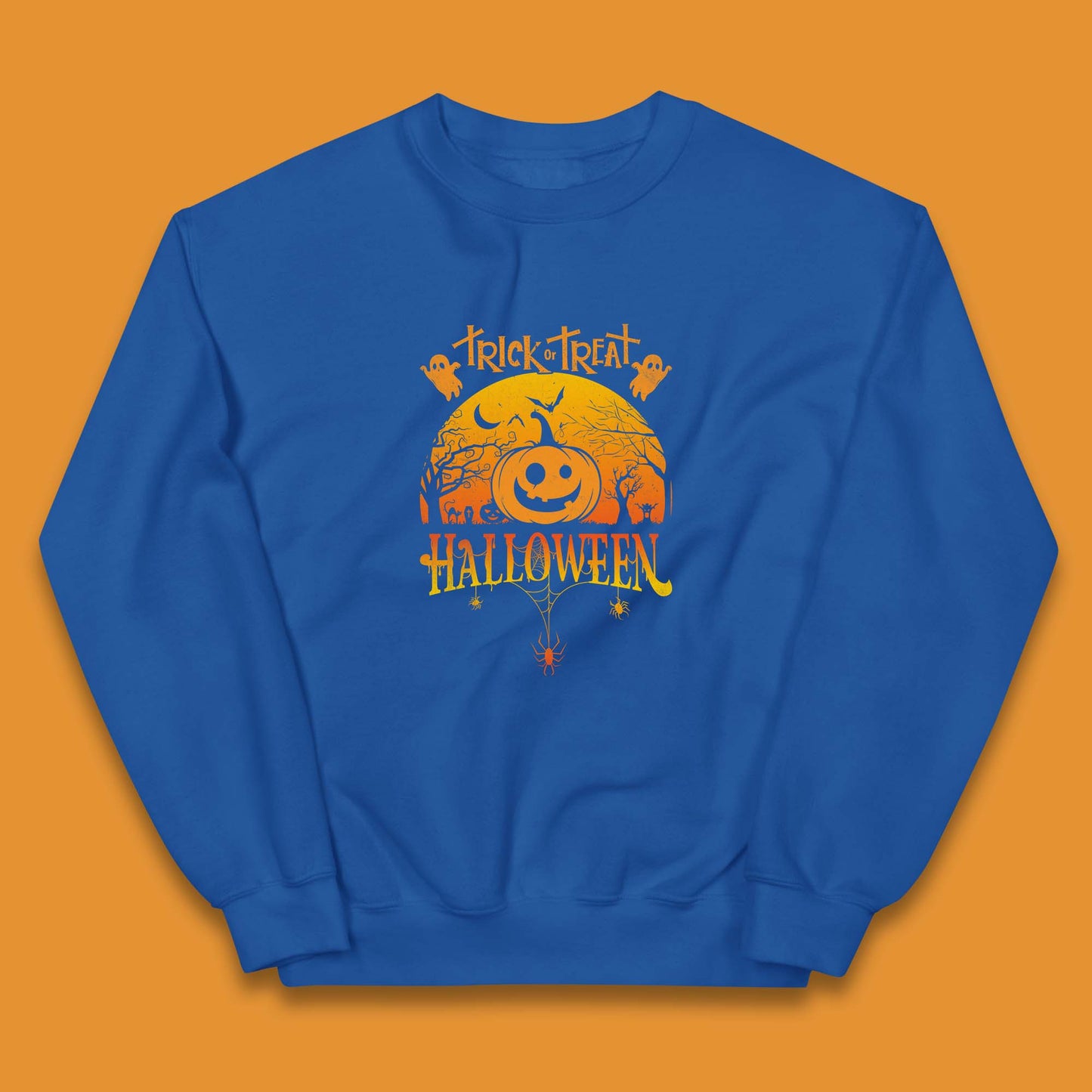 Trick Or Treat Halloween Pumpkin Haunted Trees Scary Spooky Season Kids Jumper