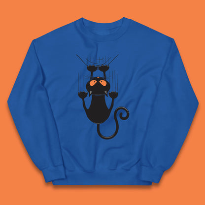 Black Cat Cartoon Scratching Climbing Wall Halloween Horror Scary Black Cat Spooky Season Kids Jumper