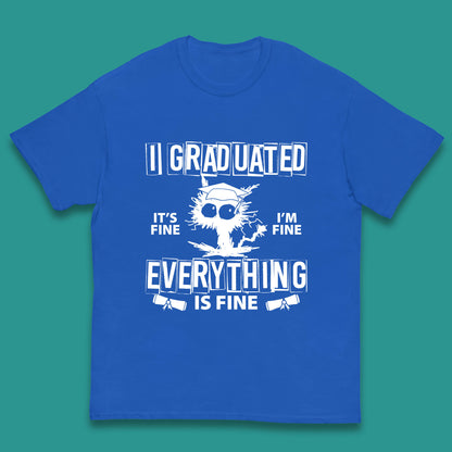 I Graduated It's Fine I'm Fine Everything Is Fine Graduate Class Funny Black Cat Graduation Electrocuted Cat Meme Kids T Shirt