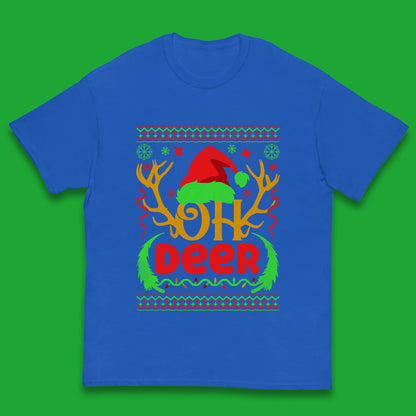 Oh Deer Merry Christmas Santa Hat Deer Antlers Funny Xmas Kids T Shirt