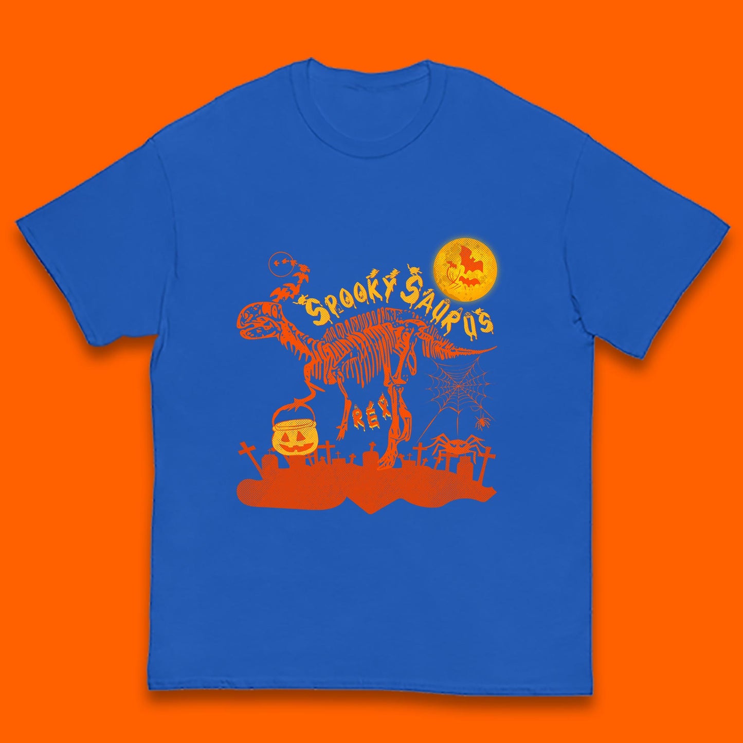 Spooky Saurus Rex Halloween Dinosaur Skeleton T-Rex Scary Pumpkin Kids T Shirt