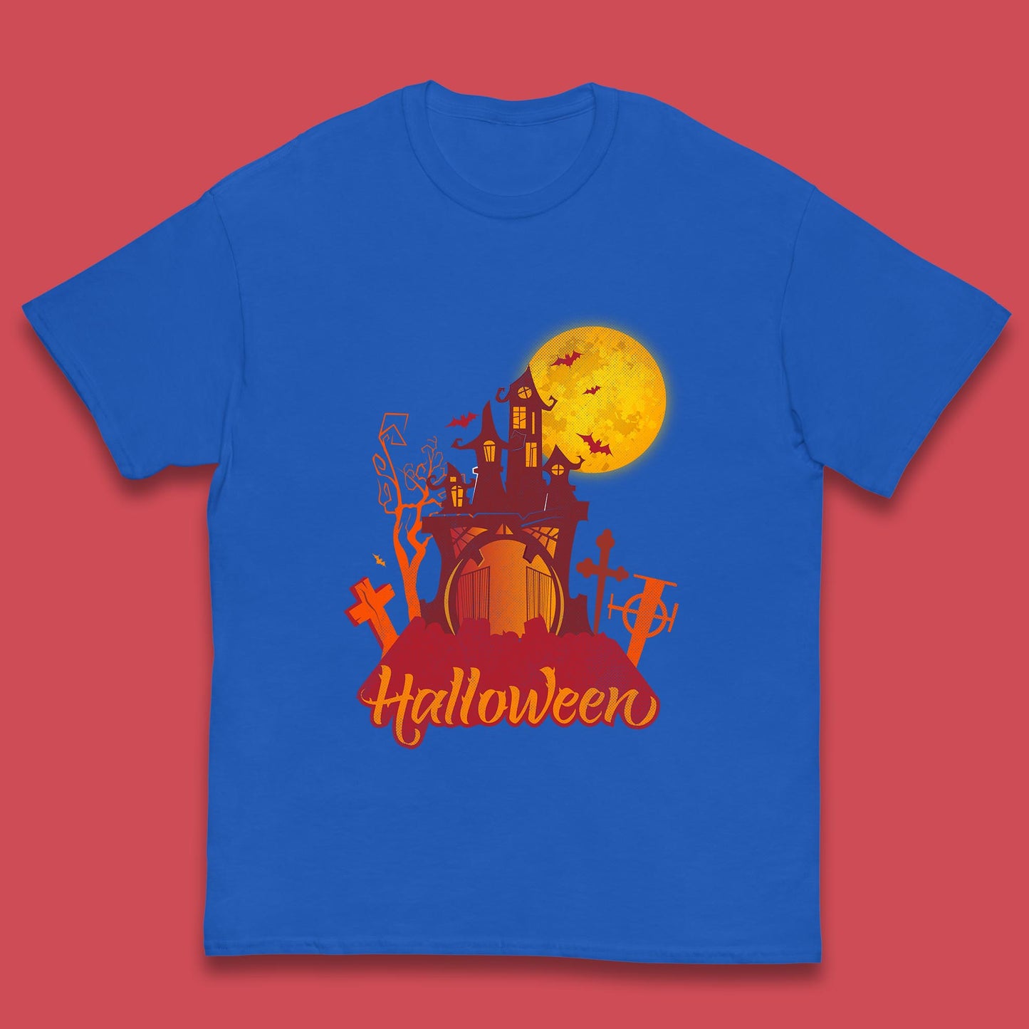 Halloween Lettering With Full Moon Scary Haunted House Flying Bats Horror Graveyard Kids T Shirt