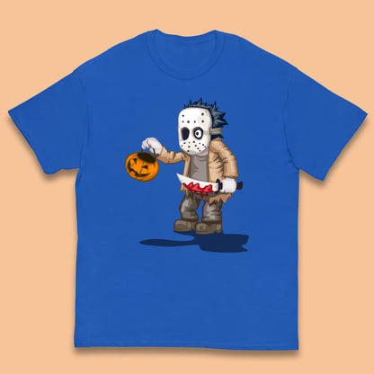 Chibi Jason Voorhees Holding Bloody Knife And Pumpkin Bucket Halloween Friday The 13th Horror Movie Kids T Shirt