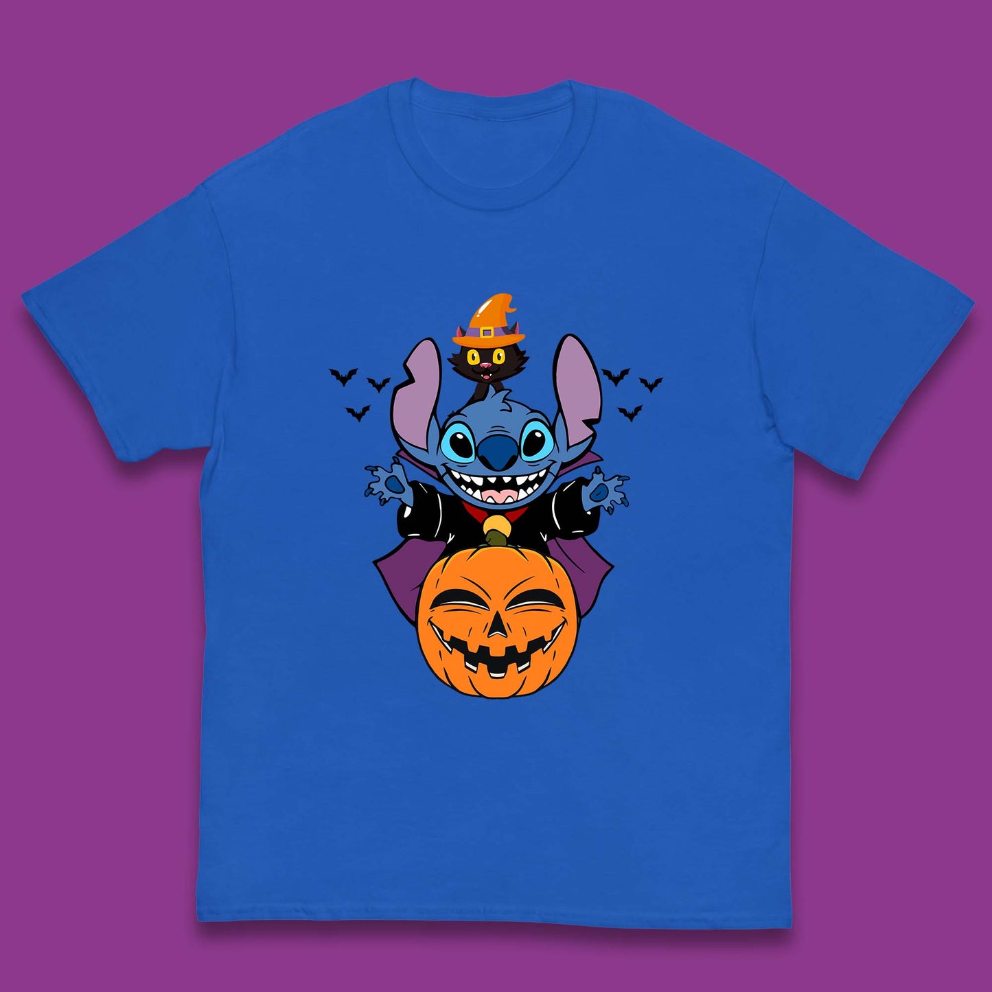 Disney Halloween Pumpkin Devil Stitch With Black Cat Horror Scary Disney Lilo & Stitch Kids T Shirt