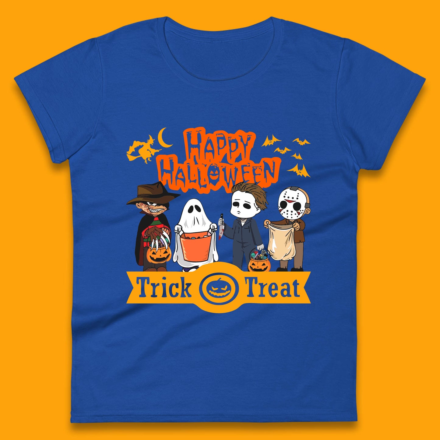 Happy Halloween Trick Or Treat Chibi Horror Movie Characters Killer Womens Tee Top