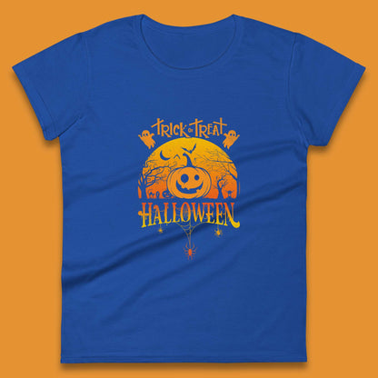 Trick Or Treat Halloween Pumpkin Haunted Trees Scary Spooky Season Womens Tee Top