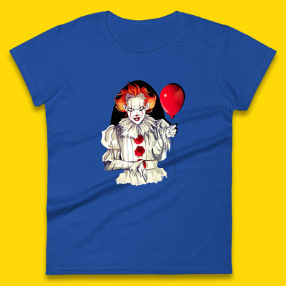 IT Pennywise Clown Holding Balloon Halloween Evil Pennywise Clown Costume Horror Movie Serial Killer Womens Tee Top