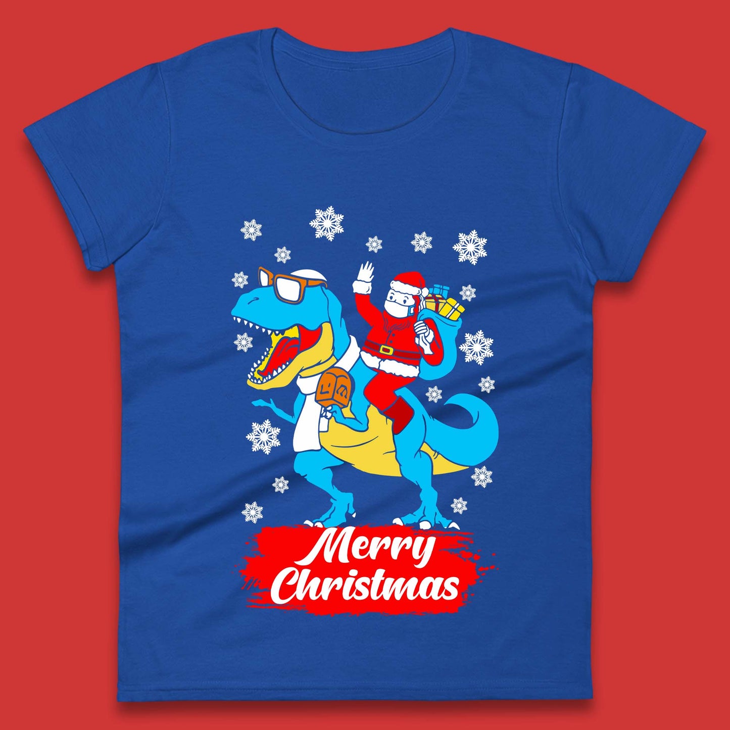 Santa Claus Riding T-Rex Christmas Womens T-Shirt