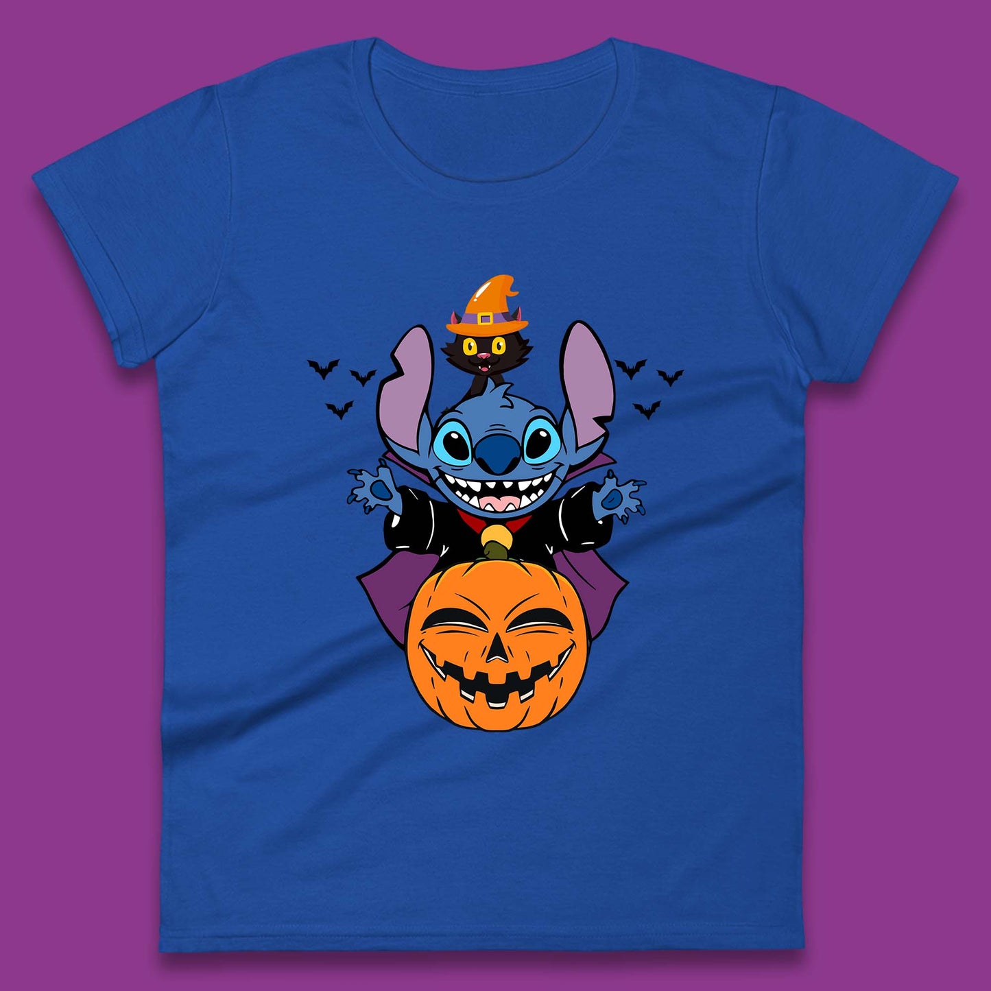 Disney Halloween Pumpkin Devil Stitch With Black Cat Horror Scary Disney Lilo & Stitch Womens Tee Top