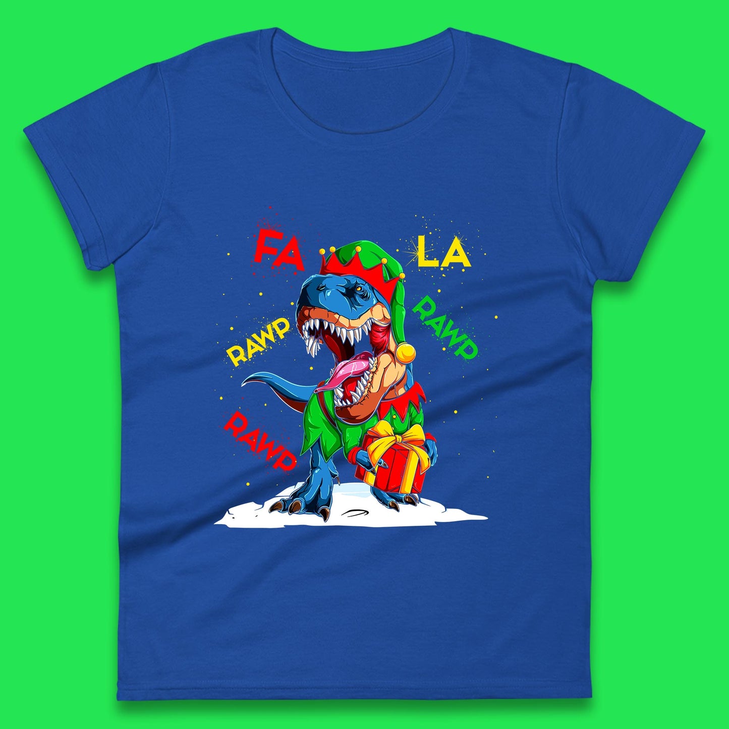 Fa La Rawr Rawr Christmas Dinosaur Wearing Elf Costume & Holding Gifts Xmas T-Rex Womens Tee Top