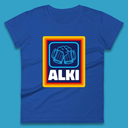 Alki Aldi Drink Pub Beer Joke Funny Parody Novelty Gift Womens Tee Top