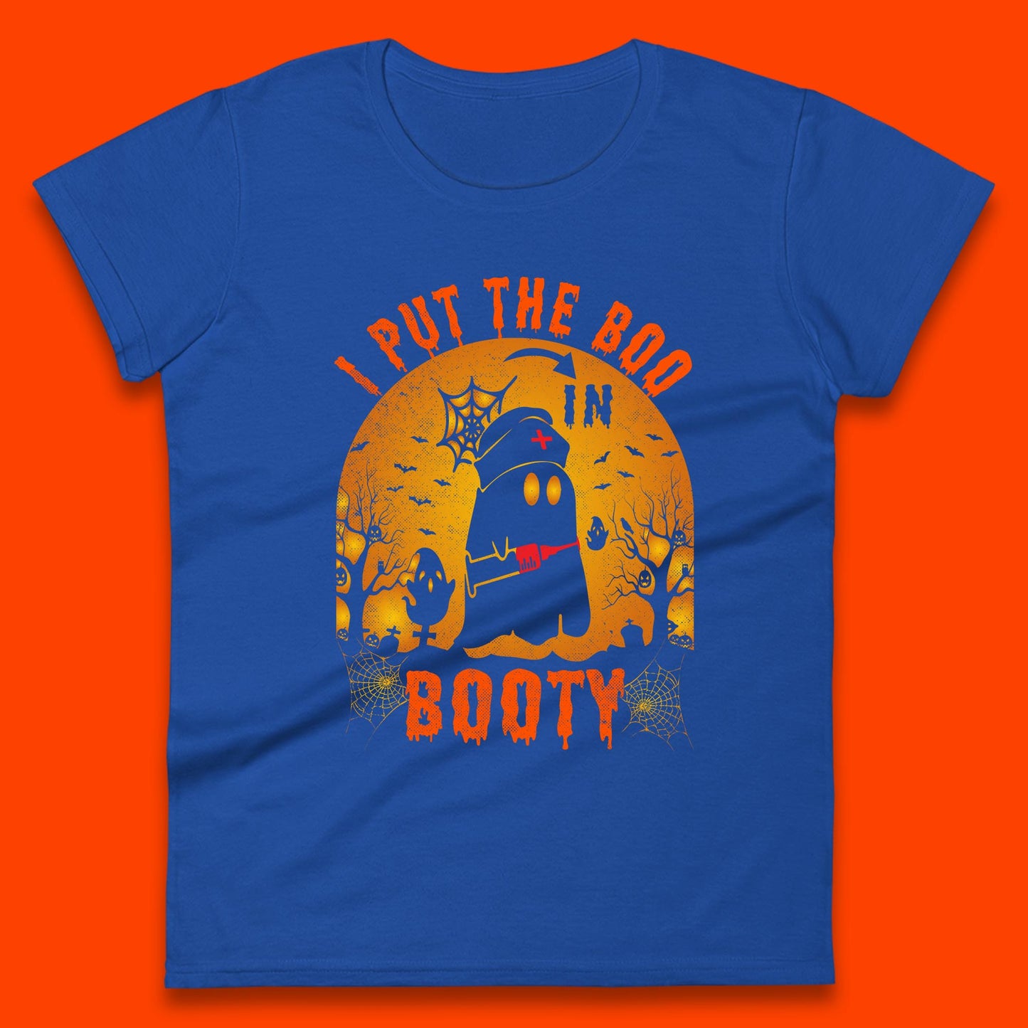 I Put The Boo In Booty Nurse Ghost Syringe Funny Halloween Nursing Boo Ghost Costume Womens Tee Top