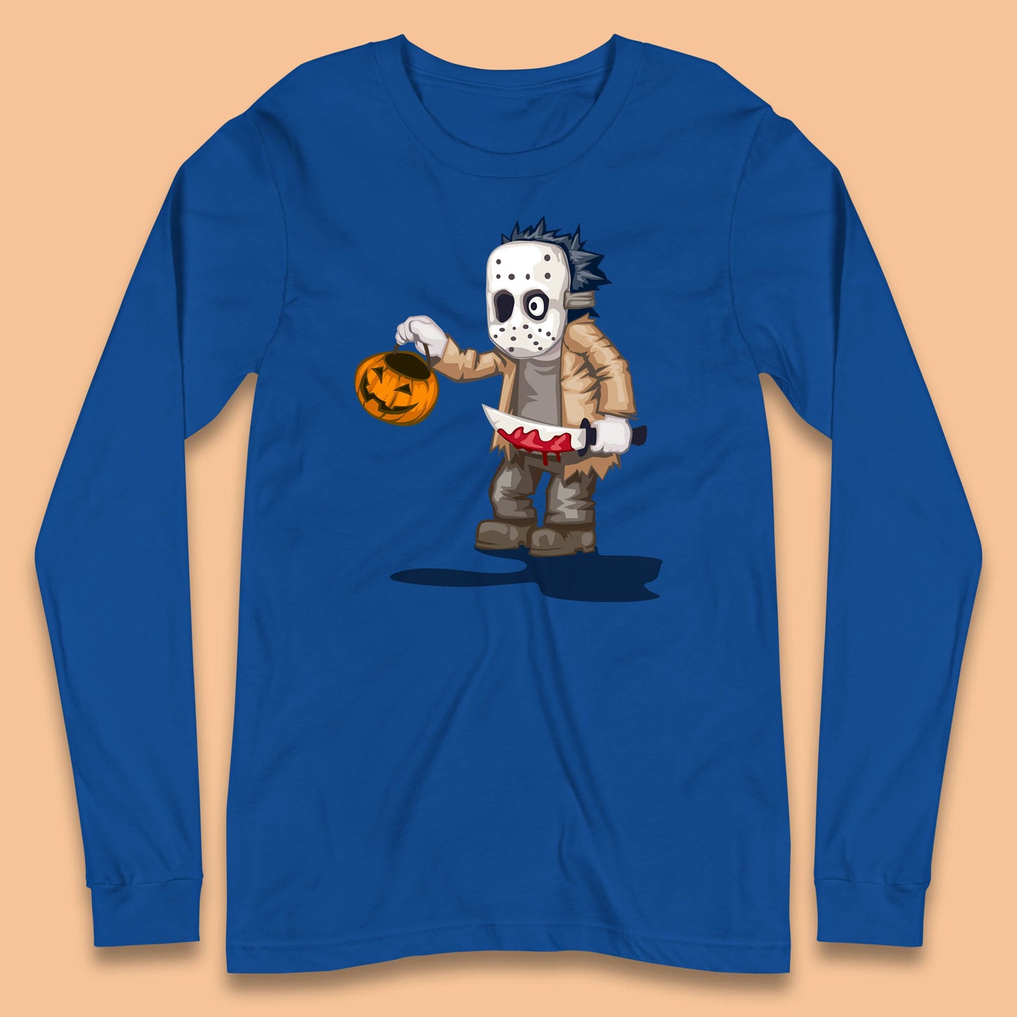 Chibi Jason Voorhees Holding Bloody Knife And Pumpkin Bucket Halloween Friday The 13th Horror Movie Long Sleeve T Shirt