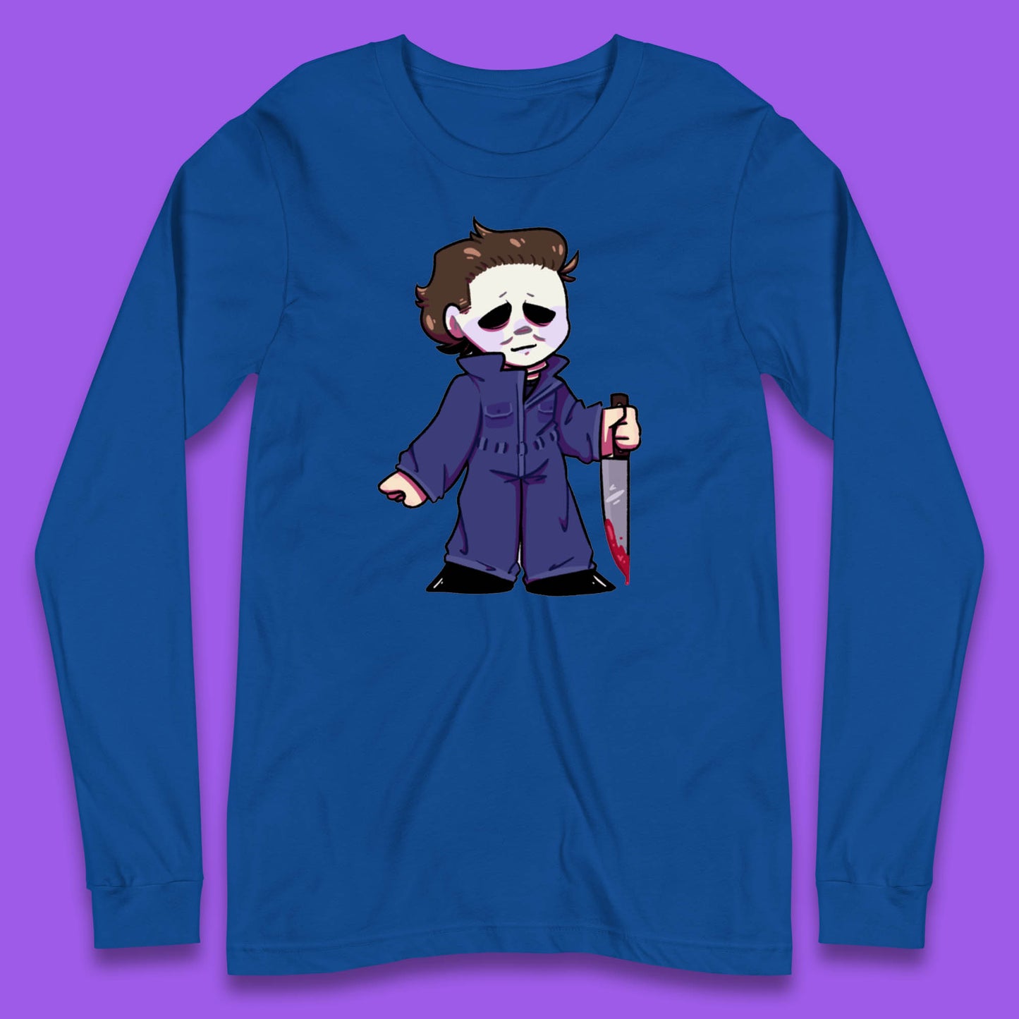 Chibi Michael Myers Holding Bloody Knife Halloween Serial Killer Horror Movie Character Long Sleeve T Shirt