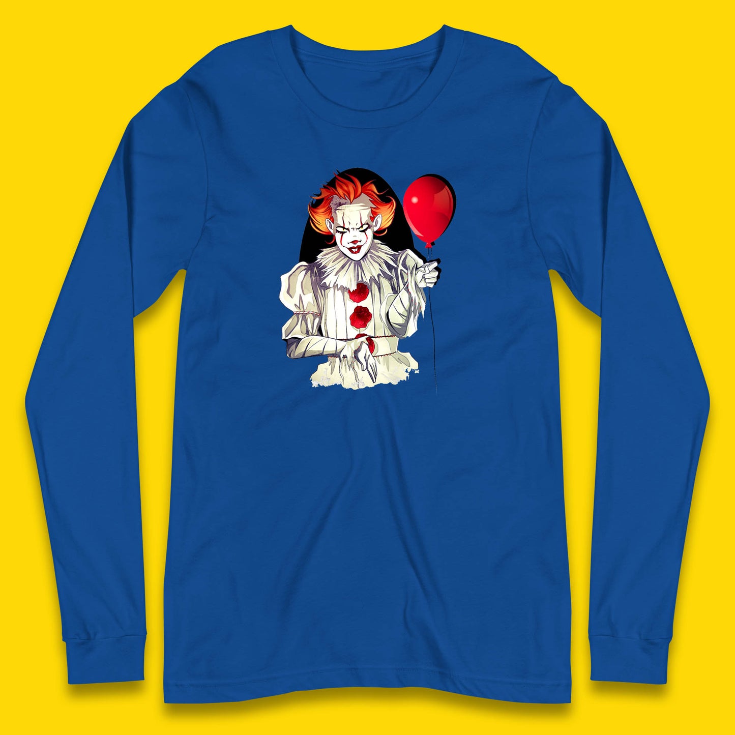 IT Pennywise Clown Holding Balloon Halloween Evil Pennywise Clown Costume Horror Movie Serial Killer Long Sleeve T Shirt