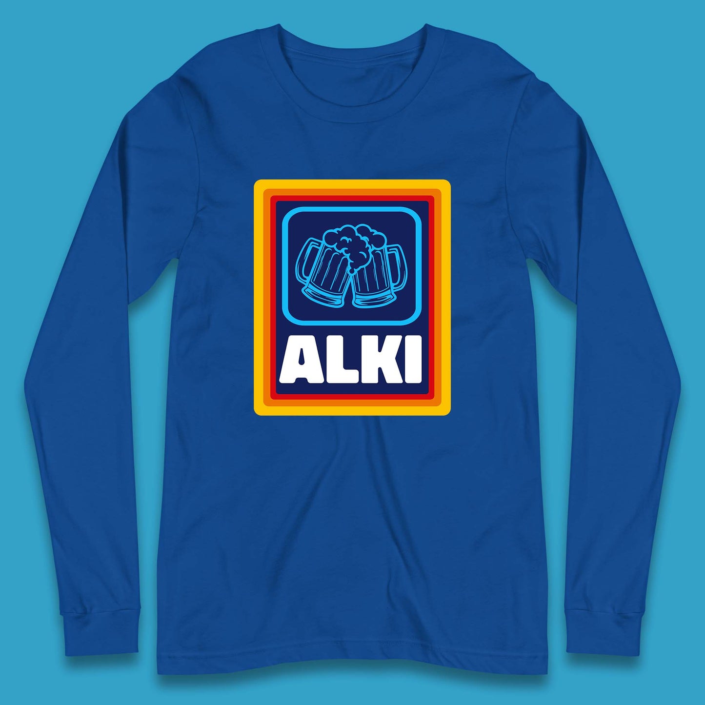 Alki Aldi Drink Pub Beer Joke Funny Parody Novelty Gift Long Sleeve T Shirt