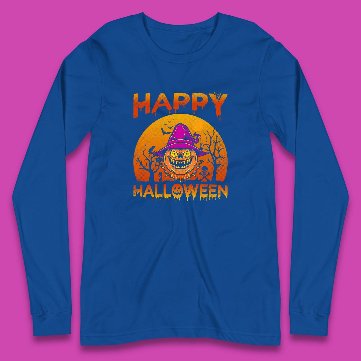 Happy Halloween Monster Pumpkin With Witch Hat Horror Scary Spooky Season Long Sleeve T Shirt