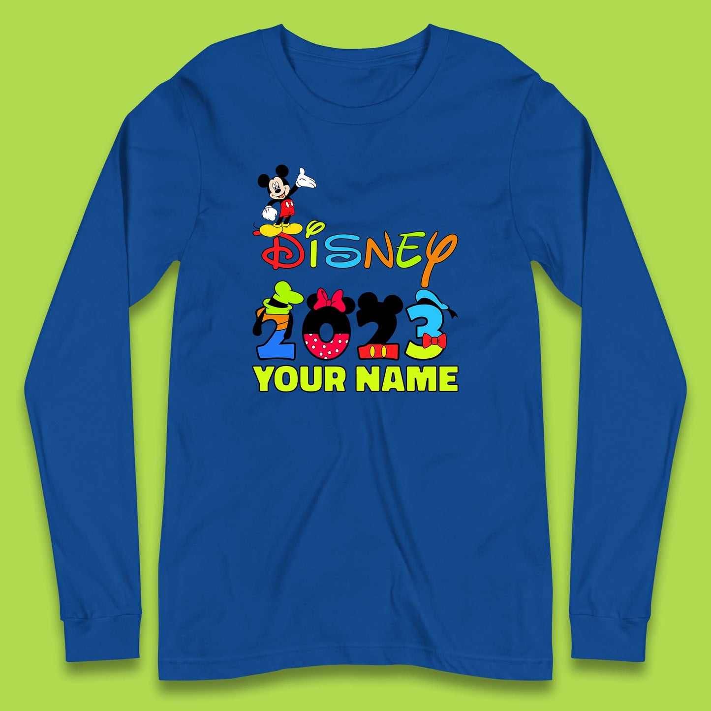 Personalised Disney 2023 Disney Club Your Name Mickey Mouse Minnie Mouse Donald Duck Pluto Goofy Cartoon Characters Disney Vacation Long Sleeve T Shirt