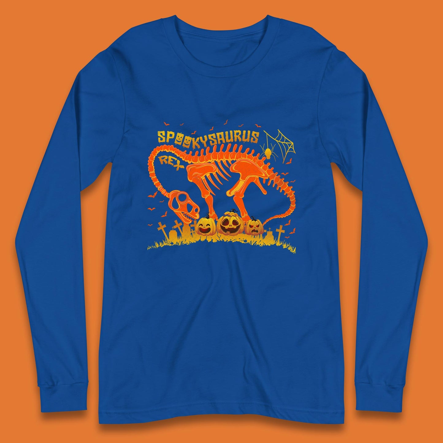 Spooky Saurus Rex Halloween Dinosaur T-Rex Skeleton With Scary Pumpkins Long Sleeve T Shirt