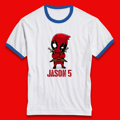 Personalised Chibi Deadpool Fictional Character Your Name & Age Superhero Comic Book Character Deadpool Marvel Comics Ringer T Shirt