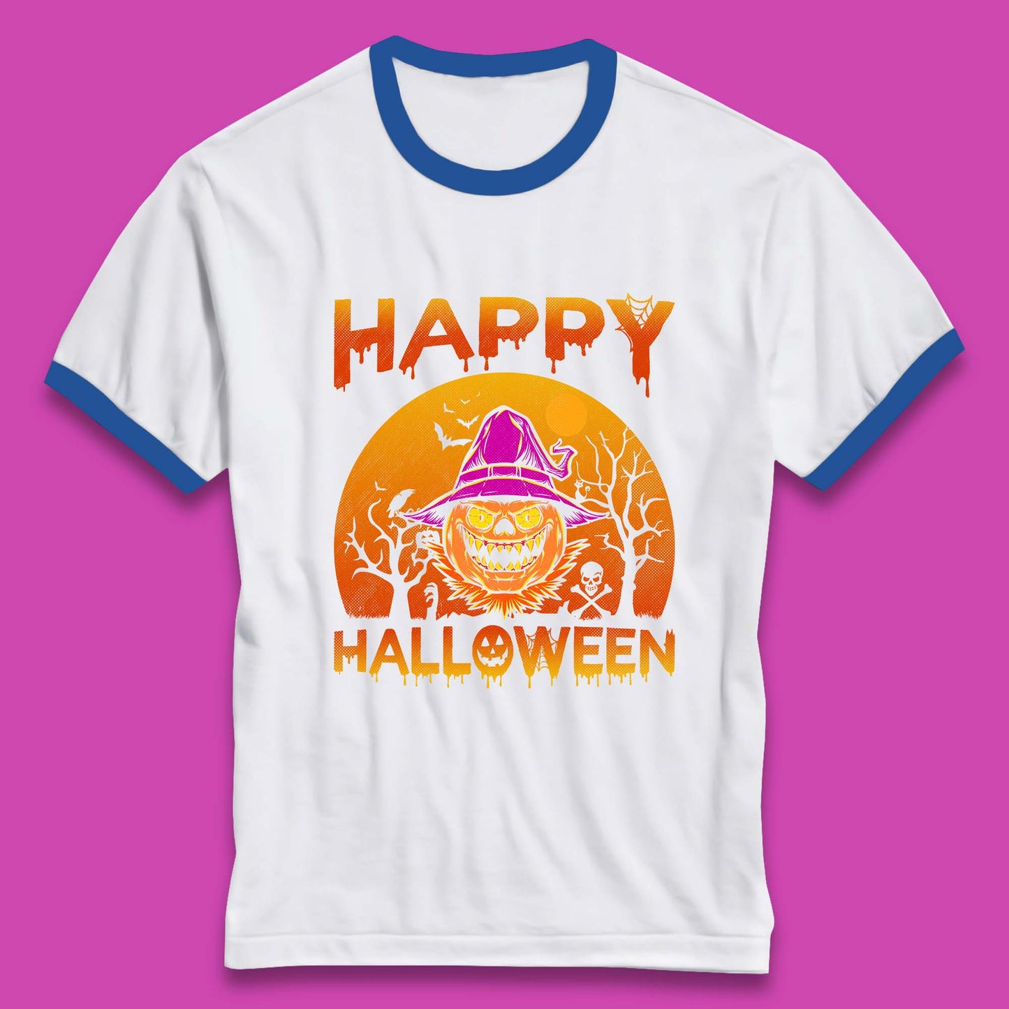 Happy Halloween Monster Pumpkin With Witch Hat Horror Scary Spooky Season Ringer T Shirt