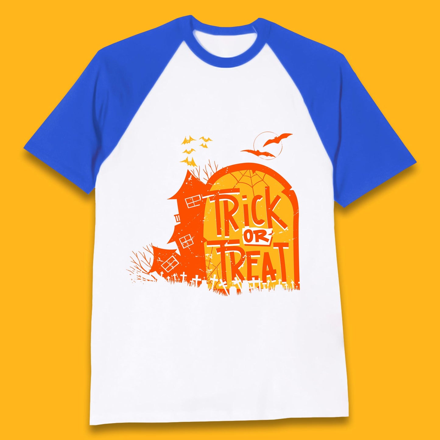 Trick Or Treat Halloween Terrific Abandoned Haunted House Flying Bats Baseball T Shirt