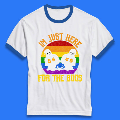 Halloween I Just Here For The Boos Gay Boo Ghosts Drinking Beer LGBTQ Pride Beer Ringer T Shirt