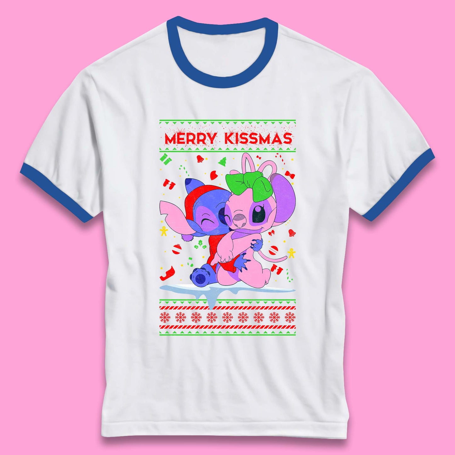 merry kissmas disney stitch and angel ringer t shirt