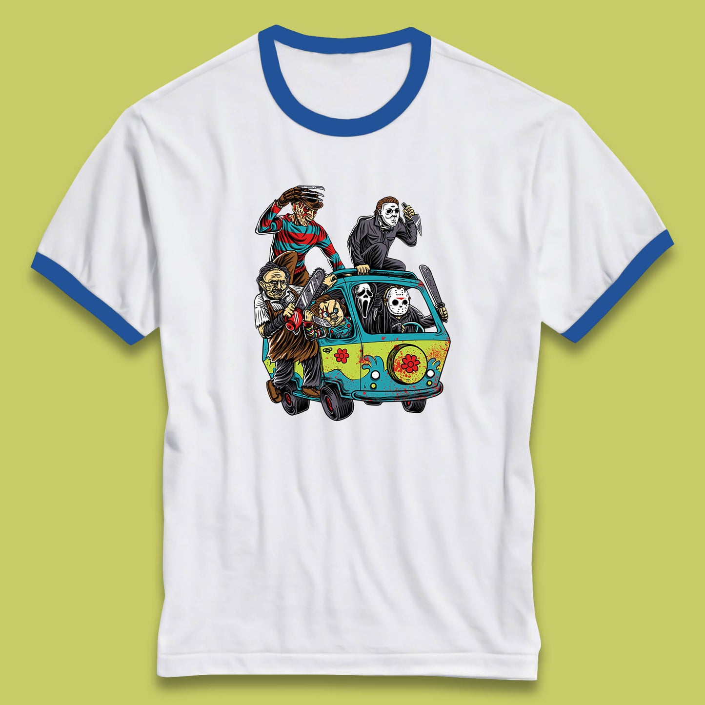 Halloween Scooby Doo Friends Van Horror Movie Villians Characters Mystery Machine Ringer T Shirt