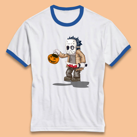 Chibi Jason Voorhees Holding Bloody Knife And Pumpkin Bucket Halloween Friday The 13th Horror Movie Ringer T Shirt