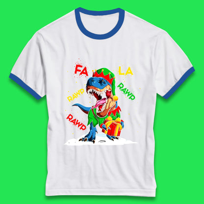 Fa La Rawr Rawr Christmas Dinosaur Wearing Elf Costume & Holding Gifts Xmas T-Rex Ringer T Shirt