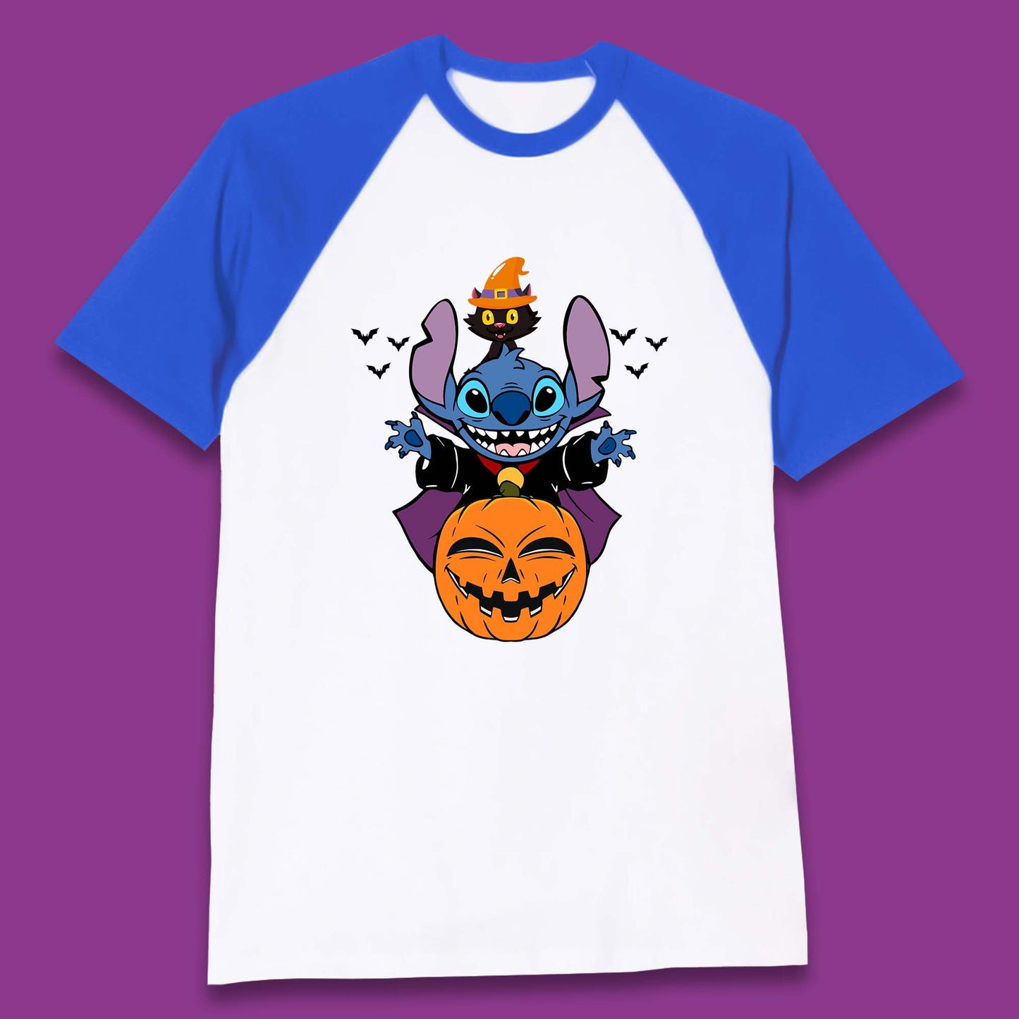 Disney Halloween Pumpkin Devil Stitch With Black Cat Horror Scary Disney Lilo & Stitch Baseball T Shirt