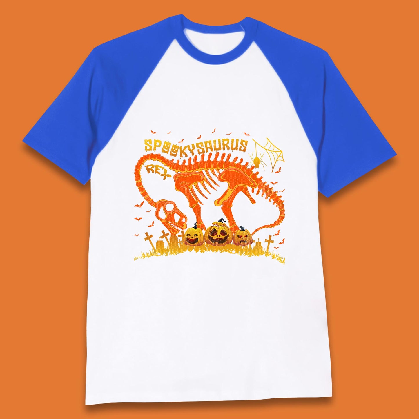 Spooky Saurus Rex Halloween Dinosaur T-Rex Skeleton With Scary Pumpkins Baseball T Shirt