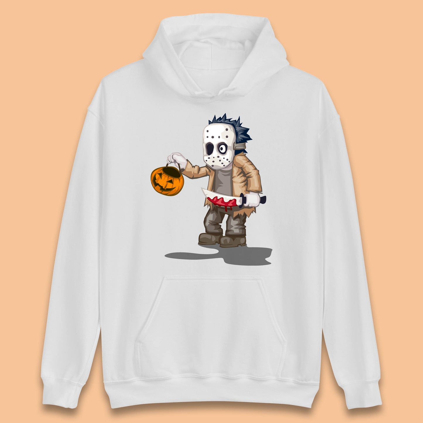 Chibi Jason Voorhees Holding Bloody Knife And Pumpkin Bucket Halloween Friday The 13th Horror Movie Unisex Hoodie