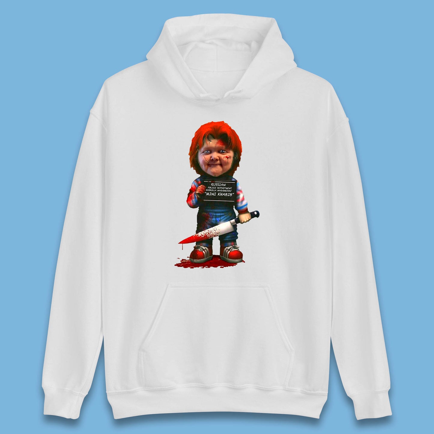 Chucky Mug Shot Russian Police Dept Hasbulla Magomedov Chucky Mini Khabib Inspired Halloween Horror Movie Good Guy Chucky Unisex Hoodies