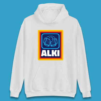 Alki Aldi Drink Pub Beer Joke Funny Parody Novelty Gift Unisex Hoodie