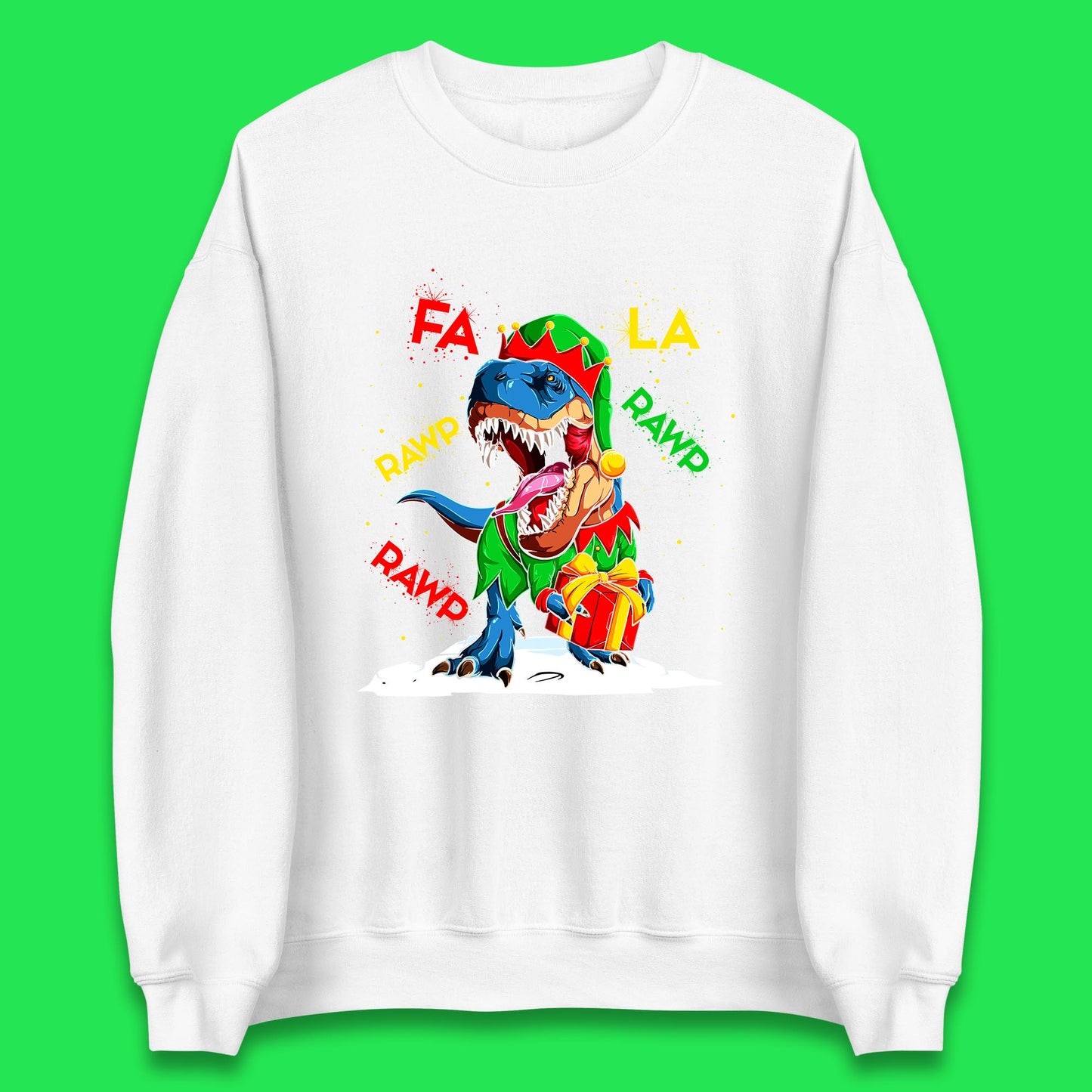 Fa La Rawr Rawr Christmas Dinosaur Wearing Elf Costume & Holding Gifts Xmas T-Rex Unisex Sweatshirt