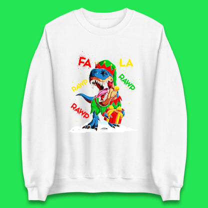 Fa La Rawr Rawr Christmas Dinosaur Wearing Elf Costume & Holding Gifts Xmas T-Rex Unisex Sweatshirt