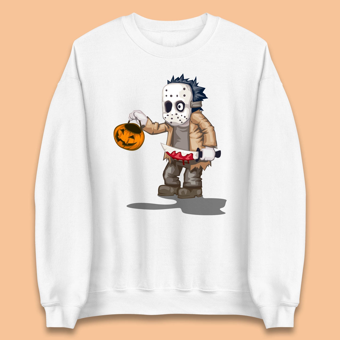 Chibi Jason Voorhees Holding Bloody Knife And Pumpkin Bucket Halloween Friday The 13th Horror Movie Unisex Sweatshirt