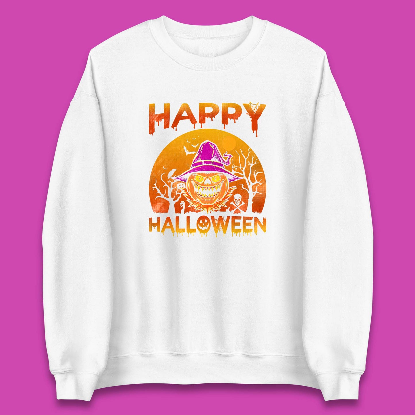 Happy Halloween Monster Pumpkin With Witch Hat Horror Scary Spooky Season Unisex Sweatshirt