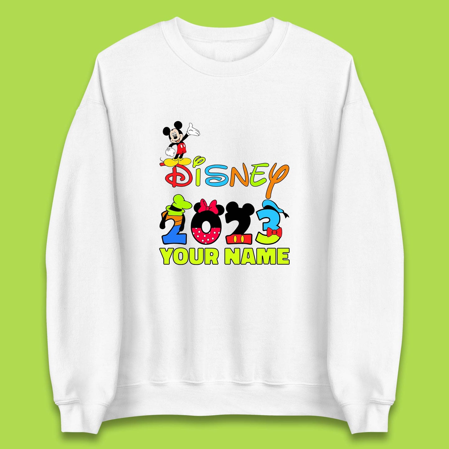 Personalised Disney 2023 Disney Club Your Name Mickey Mouse Minnie Mouse Donald Duck Pluto Goofy Cartoon Characters Disney Vacation Unisex Sweatshirt