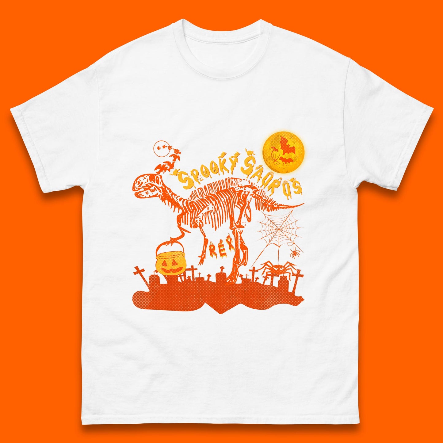 Spooky Saurus Rex Halloween Dinosaur Skeleton T-Rex Scary Pumpkin Mens Tee Top