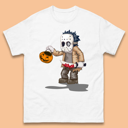 Chibi Jason Voorhees Holding Bloody Knife And Pumpkin Bucket Halloween Friday The 13th Horror Movie Mens Tee Top