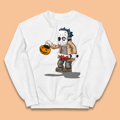 Chibi Jason Voorhees Holding Bloody Knife And Pumpkin Bucket Halloween Friday The 13th Horror Movie Kids Jumper