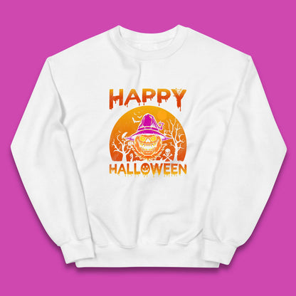 Happy Halloween Monster Pumpkin With Witch Hat Horror Scary Spooky Season Kids Jumper