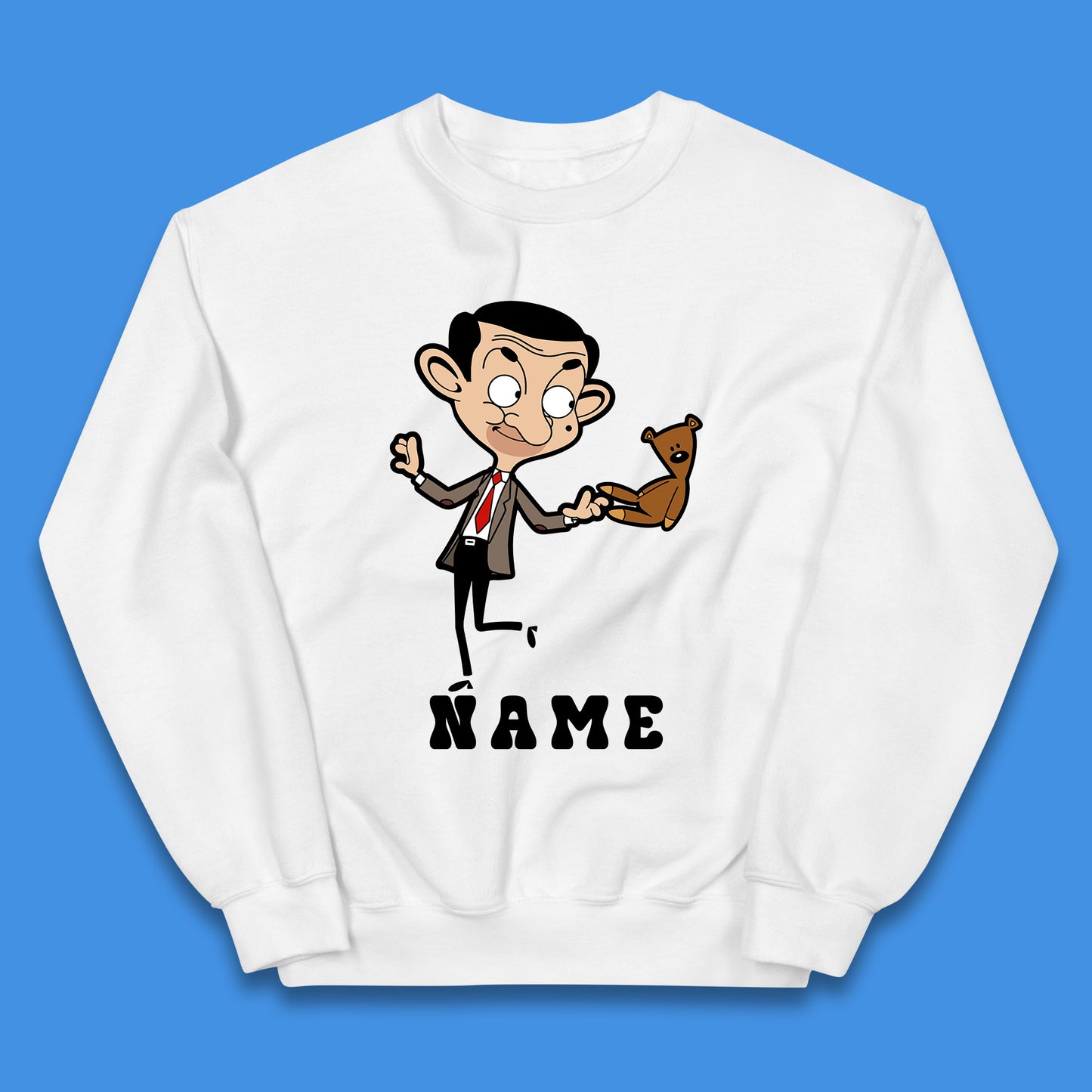 Personalised Mr Bean And Teddy Bear Your Name Comedy Cartoon Animated Series Kids Jumper