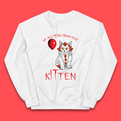 We All Meow Down Here Kitten Clown Cat Halloween IT Pennywise Clown Movie Mashup Parody Kids Jumper