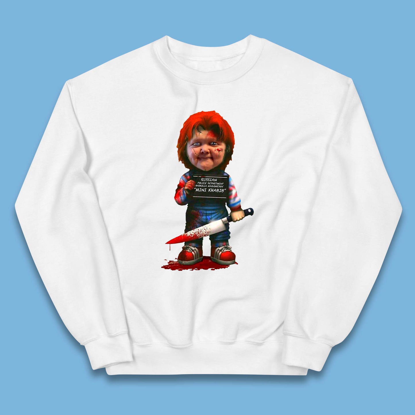 Chucky Mug Shot Russian Police Dept Hasbulla Magomedov Chucky Mini Khabib Inspired Halloween Horror Movie Good Guy Chucky Kids Jumper